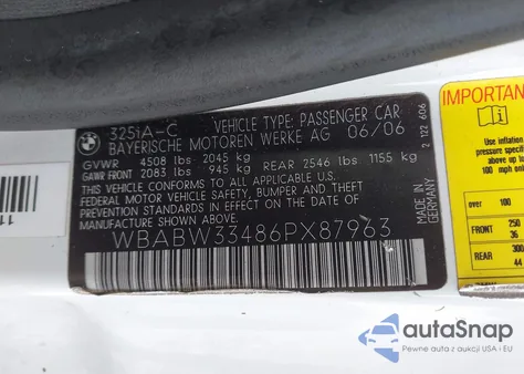 2006 BMW 325Ci from USA, damaged, VIN WBABW33486PX87963